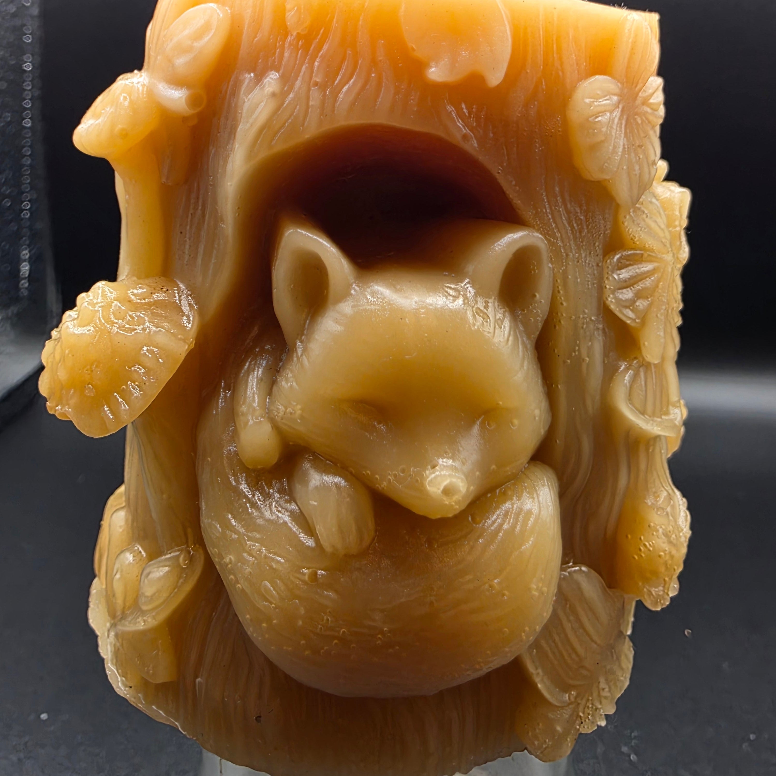 Fox design  with mushrooms and flowers on a dark background